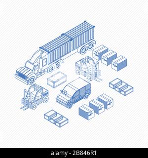 Collezione di icone isometriche di modelli di elementi per camion e merci su sfondo bianco Illustrazione Vettoriale