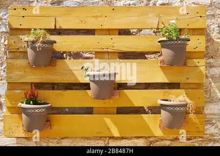 Il portavetrini in legno decorativo con fiori in fiore sul muro di pietra della vecchia casa nel villaggio di Pano Lefkara. Cipro Foto Stock