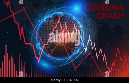 corona crash - grafico disegnato a mano sulla lavagna che mostra il crollo del mercato azionario o la crisi dell'economia finanziaria causata dal coronavirus Foto Stock