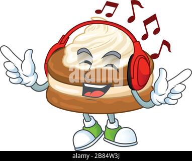 cartoon mascotte disegno di bianco crema alfajor godendo la musica Illustrazione Vettoriale