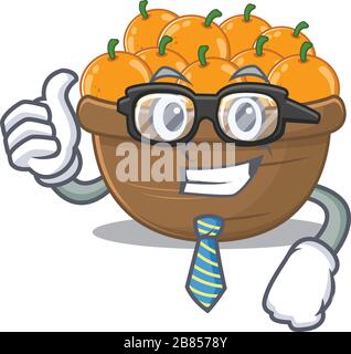 Cartoni animati con occhiali e cravatta per uomo d'affari con cesto di frutta d'arancia Illustrazione Vettoriale