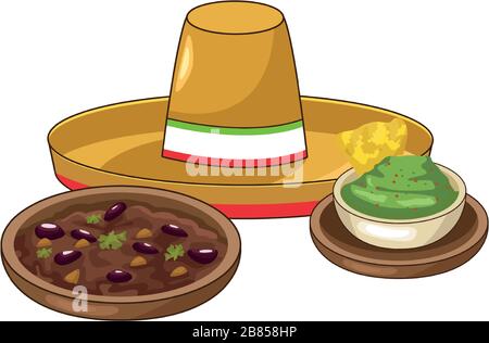 nachos con guacamole e cappello messicano Illustrazione Vettoriale