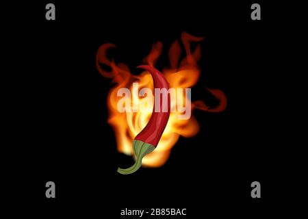 Peperoncino rosso caldo al fuoco su fondo nero. Illustrazione vettoriale. Cibo vegetariano. Illustrazione Vettoriale