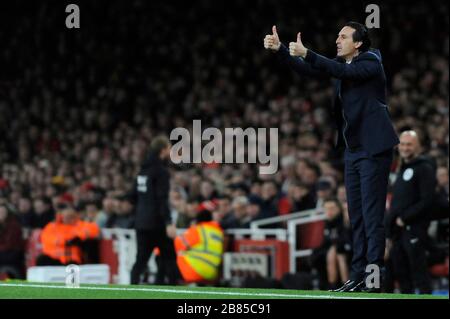 Il manager dell'Arsenal Unai Emery durante la partita della Premier League tra l'Arsenal e Wolverhampton Wanderers all'Emirates Stadium di Londra, Regno Unito, l'11 novembre 2018 Foto Stock