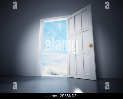 Porta aperta nella stanza buia che porta al cielo blu. Illustrazione 3D. Foto Stock