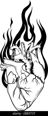 Cuore umano linea nera, tatuaggio. Illustrazione vettoriale. Illustrazione Vettoriale