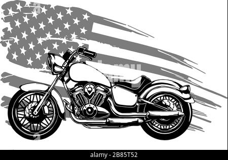 Vecchio biker e moto retrò su american flag vettore Illustrazione Vettoriale