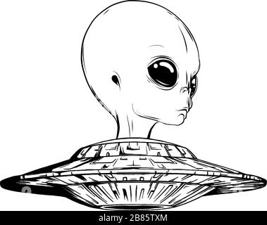Oggetti vettoriali alieni e ufo ed elementi di design in stile monocromatico isolati su sfondo bianco Illustrazione Vettoriale