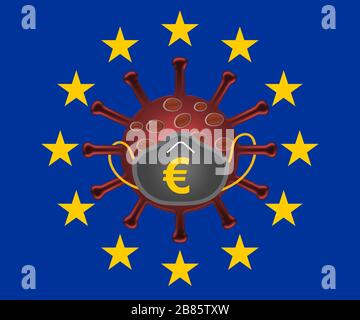 Bandiera dell'Unione europea con simbolo del virus corona. Crisi finanziaria dopo il covid-19 o il virus corona 2020. Foto Stock