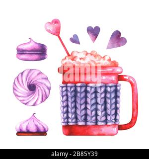 Illustrazione dipinta a mano di macaroon acquerello, marshmallow, biscotto di souffle e tazza di caffè Foto Stock