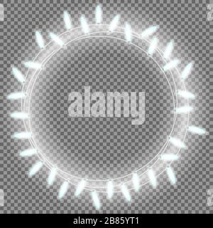 Cerchio luminoso Garland, decorazioni festose. Luci luminose per feste, feste, Capodanno, compleanno o biglietti d'auguri. Su sfondo trasparente. Illustrazione Vettoriale