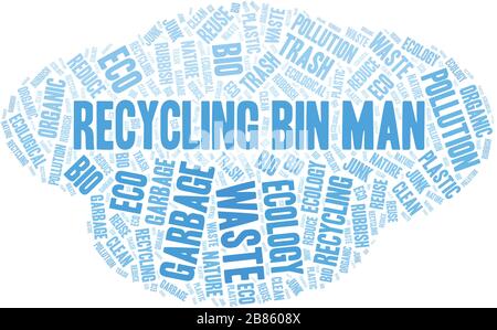 Riciclare Bin Man Word nube. Wordcloud realizzato solo con testo. Illustrazione Vettoriale