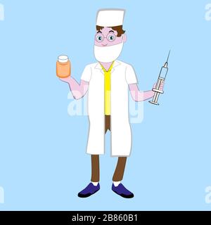 Il medico mascherato sta tenendo un flacone di vaccino e una siringa. Illustrazione Vettoriale