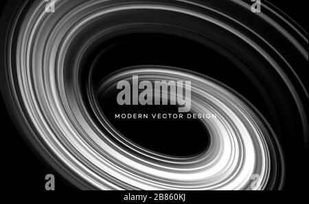 Monocromatico, bianco e nero colore brillante swirl forma 3D organica. Flusso a colori in scala di grigi Design Trend per pagine Web, poster, volantini, opuscoli Illustrazione Vettoriale