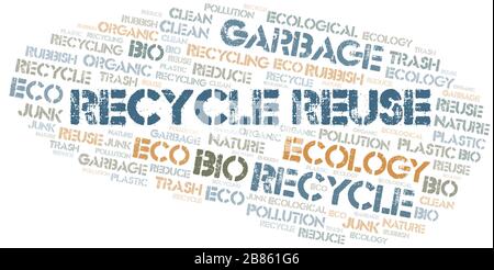 Riciclare e riutilizzare la nuvola di parole. Wordcloud realizzato solo con testo. Illustrazione Vettoriale
