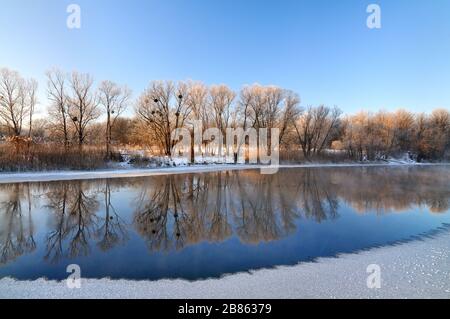 Incredibile panorama di alberi decidui che crescono sulle rive del fiume in una giornata di sole primaverile. Il concetto dell'inizio della primavera e del disgelo. Pubblicità Foto Stock