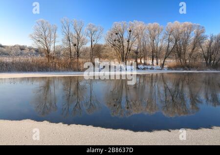 Incredibile panorama di alberi decidui che crescono sulle rive del fiume in una giornata di sole primaverile. Il concetto dell'inizio della primavera e del disgelo. Pubblicità Foto Stock