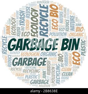 Garbage Bin nuvola di parole. Wordcloud realizzato solo con testo. Illustrazione Vettoriale