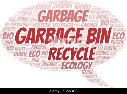 Garbage Bin nuvola di parole. Wordcloud realizzato solo con testo. Illustrazione Vettoriale