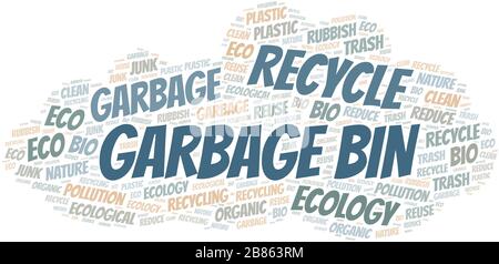 Garbage Bin nuvola di parole. Wordcloud realizzato solo con testo. Illustrazione Vettoriale