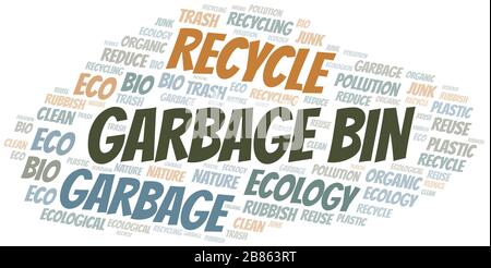 Garbage Bin nuvola di parole. Wordcloud realizzato solo con testo. Illustrazione Vettoriale