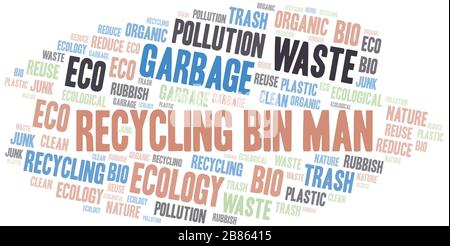 Riciclare Bin Man Word nube. Wordcloud realizzato solo con testo. Illustrazione Vettoriale