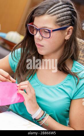 primo piano di una ragazza graziosa dell'allievo che fa i compiti a casa Foto Stock