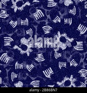 Indaco blu batik colorato daisy fiore effetto texture sfondo. Campione giapponese senza cuciture a ripetizione. Motivo floreale pittorico colore candeggina. Maschile Foto Stock