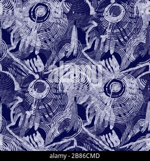 Indigo blu batik tinto pansy fiore effetto texture sfondo. Campione giapponese senza cuciture a ripetizione. Motivo floreale pittorico colore candeggina. Maschile Foto Stock