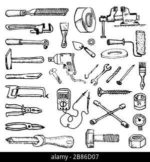 Immagini di stile di Doodle di idraulica e attrezzi domestici per riparare e riparare l'automobile. Disegno bianco nero. Illustrazione Vettoriale