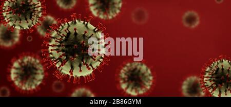 Immagine del concetto di rendering digitale cgi 3D del coronavirus COVID-19 su sfondo rosso Foto Stock