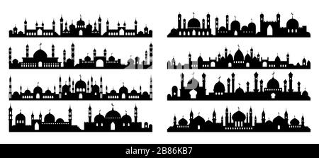 Architettura araba silhouette. Tetto della moschea, panorama del paesaggio urbano islamico e silhouette dello skyline del minareto. Set di illustrazione vettoriale Illustrazione Vettoriale