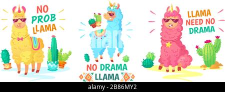 Poster Llama. Nessun llama di dramma e nessun insieme di illustrazione vettoriale del llama di prob Illustrazione Vettoriale