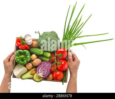 Mani femminili che tengono un insieme di verdure di stagione in una scatola di legno su uno sfondo bianco. Foto Stock