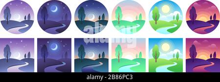 Icone dell'ora orizzontale. Set di vettori per il cielo e il campo diurno, cerchio e icona quadrata Illustrazione Vettoriale