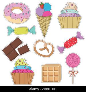 Un set di adesivi colorati con torta, gelato, cupcake, caramelle, ciambelle, cioccolato, waffle, pretzel, Lollipop e altri dessert. Dessert dolce . IO Illustrazione Vettoriale