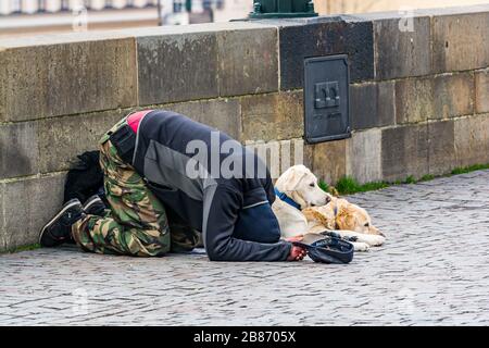 Praga, repubblica Ceca - 19 marzo 2020. Mendicante con cani che implorano il Ponte Carlo senza turisti durante la crisi del coronavirus Foto Stock