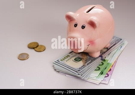 piggy banca centesimi di dollaro e banconote in euro di diverse denominazioni 3 Foto Stock