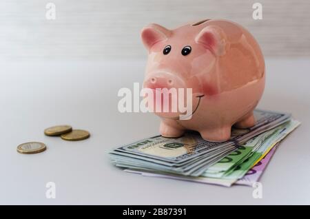 piggy banca centesimi di dollaro e banconote in euro di diverse denominazioni 4 Foto Stock