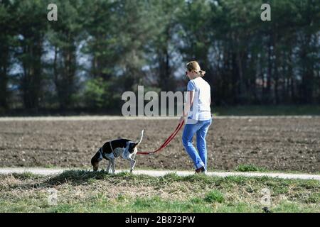 Monaco, Germania. 18th Mar, 2020. Andare per una passeggiata con il cane - una donna conduce il suo cane su un guinzaglio, animale, animale domestico. ? Sven Simon Fotoagentur GmbH & Co. Stampa Foto KG Prinzess-Luise-Str. 41 45479 M uelheim/R uhr n. tel 0208/9413250 Fax. 0208/9413260 GLS Bank BLZ 430 609 67 KTO. 4030 025 100 IBAN DE75 4306 0967 4030 0251 00 BIC GENODEM1GLS N. WWW.SVENSIMON.NET. | utilizzo nel mondo credito: dpa/Alamy Live News Foto Stock