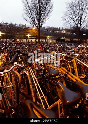 le distese di molte biciclette olandesi hanno accatastato una sull'altra in un caos di trasporto Foto Stock