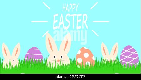 Buon banner di Pasqua con tre simpatici conigli bianchi e uova di pasqua colorate. Pasqua simpatico coniglietto in erba verde. Decorazione festosa. Illustrazione Vettoriale