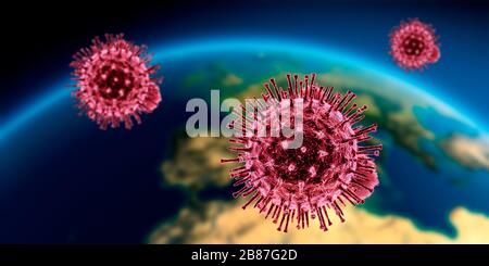 Particelle di coronavirus (MERS-cov) (virioni), illustrazione al computer. Precedentemente conosciuto come romanzo coronavirus, MERS, COVID-19 che si diffonde intorno al mondo Foto Stock
