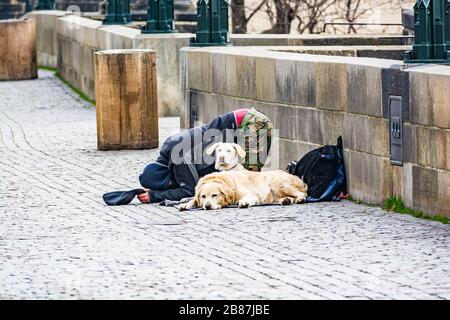 Praga, repubblica Ceca - 19 marzo 2020. Mendicante con cani che implorano il Ponte Carlo senza turisti durante la crisi del coronavirus Foto Stock