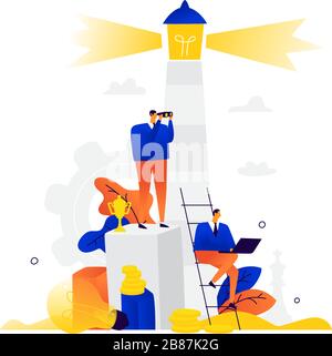 Illustrazione di uomini d'affari al faro. Vettore. Metafora. La gente è seduta e lavora. I dipendenti dell'azienda vivono intorno al faro. In piano Illustrazione Vettoriale