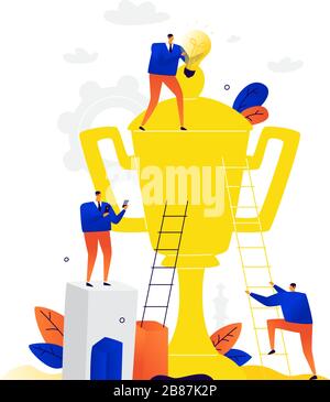 Illustrazione di uomini d'affari che puliscono un calice d'oro. Vettore. Metafora. La gente sta cercando la vittoria e va ad esso. I dipendenti sognano il successo in autobus Illustrazione Vettoriale