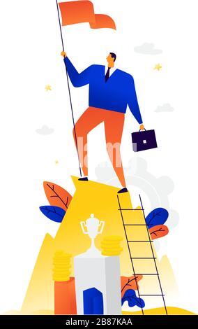 Illustrazione di un uomo d'affari vincitore che raggiunge i suoi obiettivi. Vettore. Metafora. Vittoria nel business. Il leader salì in cima alla montagna. il valore ma Illustrazione Vettoriale