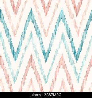 Motivo Ikat Chevron Vector Seamless in tinta pastello disegnato a mano Illustrazione Vettoriale