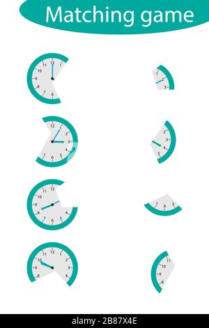 Trova la seconda parte degli orologi per i bambini, divertente gioco di istruzione per i bambini, compito educativo per lo sviluppo del pensiero logico, preschool workshee Illustrazione Vettoriale