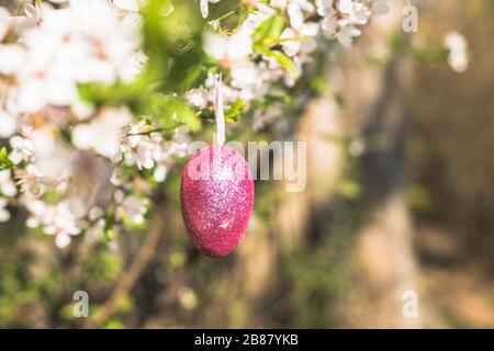 Rosa artificiale glitter uovo di Pasqua appeso sul ramo fiorito di un albero di primavera. Pasqua primavera vacanza concetto Foto Stock